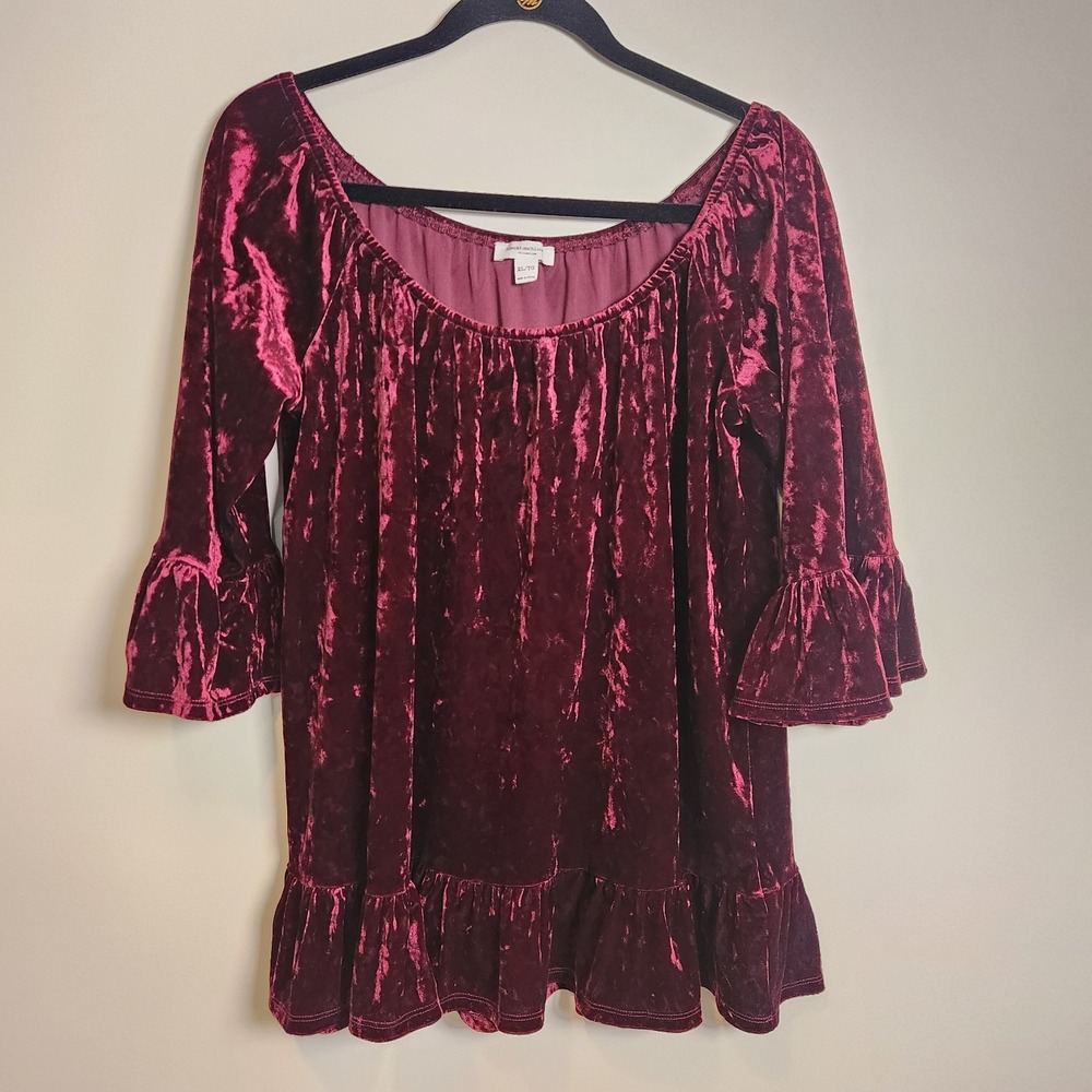 BeachLunchLounge Burgundy Crushed Velvet Bell Sleeve Tunic Top XL Boho